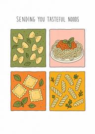 Humorous pasta illustration with tasteful noods pun