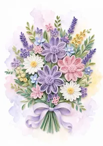 Pastel quilled floral bouquet with lavender ribbon on a soft watercolor background.
