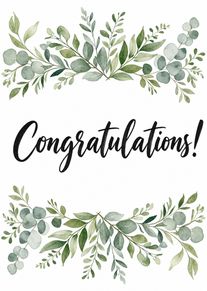Watercolor greenery frames a handwritten Congratulations message on a clean white card background with botanicals.