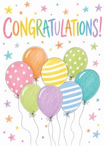 Colorful hand-drawn balloons and stars surround the word congratulations on a bright cheerful card design.