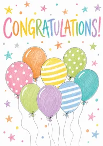 Colorful hand-drawn balloons and stars surround the word congratulations on a bright cheerful card design.