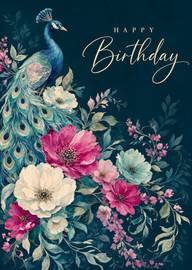 Elegant peacock and floral bouquet with happy birthday text card