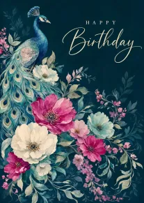 A watercolor peacock surrounded by lush flowers on a dark teal Happy Birthday card.