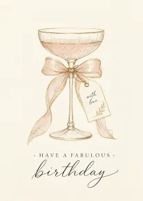 Elegant birthday card with a champagne glass, pink ribbon, and with love gift tag design.
