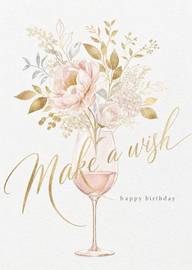Elegant birthday card with wine glass and floral watercolor design