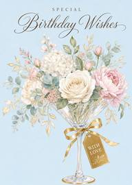 Elegant birthday card with floral bouquet in glass and gold tag