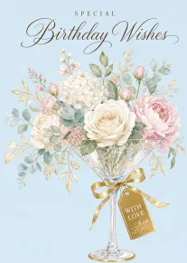 Elegant pastel bouquet in a martini glass with Special Birthday Wishes and With Love tag.