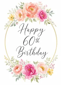 Watercolor floral birthday card with Happy 60th Birthday wording and soft pink, peach, yellow blooms.
