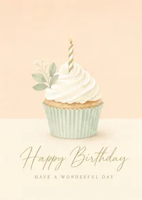 Watercolor cupcake with candle and gold Happy Birthday text on a soft pastel background card.