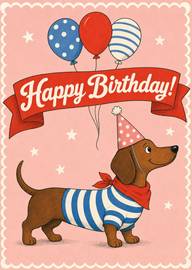 Birthday card with dachshund dog wearing party hat and balloons