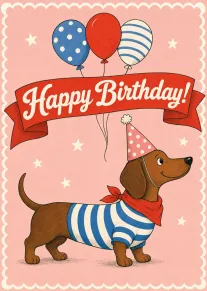 A cheerful dog in a party hat under a Happy Birthday banner with balloons above.