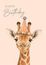 Watercolor giraffe wearing party hat smiling happy birthday card