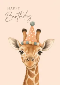 Watercolor giraffe wearing a party hat under Happy Birthday text on a soft pink background.