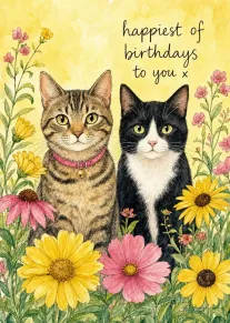 Watercolor cats surrounded by flowers with happiest of birthdays to you text.