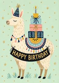 Cute llama with colorful gifts and happy birthday banner