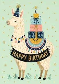 A cute llama wearing a party hat beside gifts and a Happy Birthday banner card.