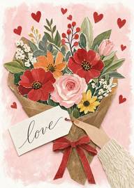 Hand holding flower bouquet with love tag and hearts