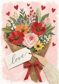 A paper collage bouquet of flowers with hearts and a love tag on pink background.