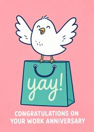 Cheerful bird saying yay on work anniversary shopping bag