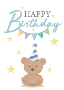 Cute teddy bear wearing a party hat beneath Happy Birthday text and colorful stars.