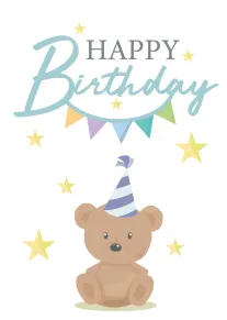 Cute teddy bear wearing a party hat beneath Happy Birthday text and colorful stars.