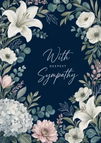 Navy sympathy card with white lilies, pale florals, and Deepest Sympathy centered in script text.