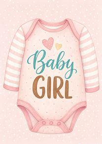 Pink baby girl onesie with striped sleeves and hearts on a soft polka dot background.