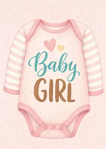Pink baby girl onesie with striped sleeves and hearts on a soft polka dot background.