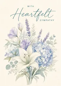 Watercolor bouquet of lilies, hydrangeas, and lavender with the words With Heartfelt Sympathy on cream.