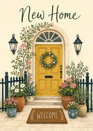 Watercolour New Home Card with Yellow Door and Welcome Mat