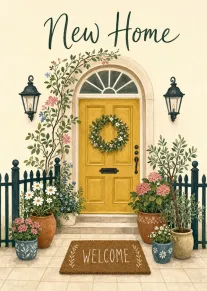 Illustrated yellow front door with flowers, wreath, and welcome mat on a new home card.