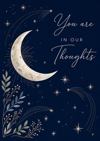 Dark blue card with crescent moon, stars, foliage, and You are in our Thoughts message.