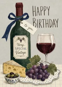 Vintage wine bottle, glass, cheese and grapes with Happy Birthday and Very Special Vintage text.