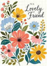 Colorful floral card with Lovely Friend message text