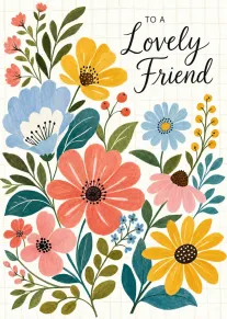 Watercolour flowers surround the words To a Lovely Friend on a soft grid background card.