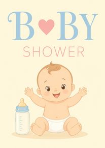 Smiling baby beside a bottle under Baby Shower text in soft pastel blue and pink.