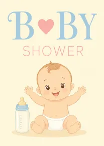 Smiling baby beside a bottle under Baby Shower text in soft pastel blue and pink.