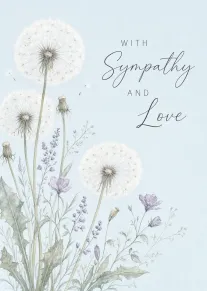 Soft watercolour dandelions and lavender flowers with With Sympathy and Love on pale blue background.