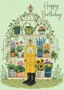Watercolor greenhouse filled with flowers, watering can, and boots beneath Happy Birthday text.