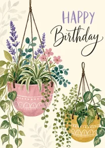 Watercolor hanging plant baskets with flowers and Happy Birthday text in soft pastel tones.