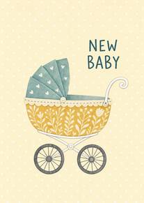 New Baby Floral Pram Card with Sweet Vintage Style Design