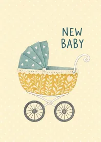 A pastel new baby card with a floral pram and the words New Baby below.