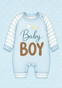 Blue baby boy onesie with stars and stripes on a soft light polka dot background.