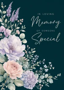 Pastel watercolor flowers frame a remembrance card reading In Loving Memory of Someone Special.