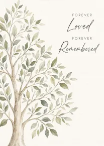 Watercolor tree with green leaves and Forever Loved Forever Remembered message on soft cream background.