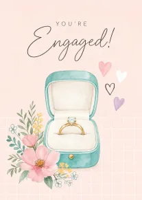 Pastel engagement card with an open ring box, flowers and hearts saying You're Engaged inside.