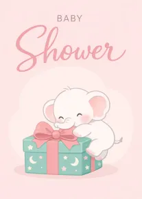 Pink baby shower card with smiling elephant hugging a teal gift box wrapped in ribbon.