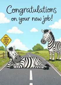 Two zebras by a road sign celebrate a new job with cheerful sky text.