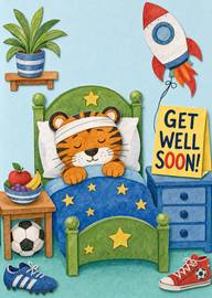 Sleeping tiger get well soon card with rocket and stars