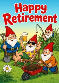 Happy Retirement Gnomes Gardening, Fishing, Beer, and Relaxing Outdoors Card
